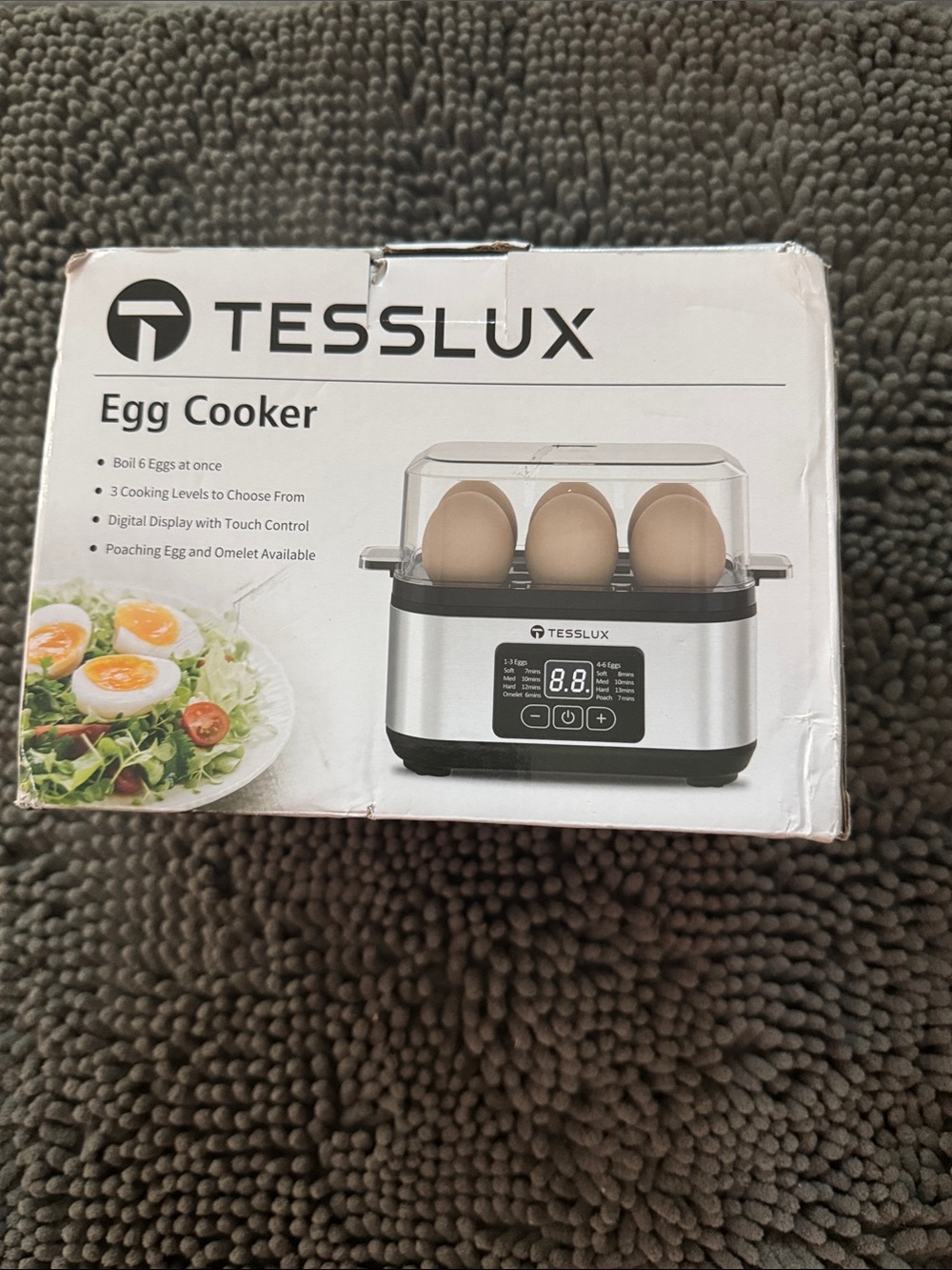 Silver Tesslux Electric Egg Cooker . 6-egg boiler for hard, soft or poached. New
